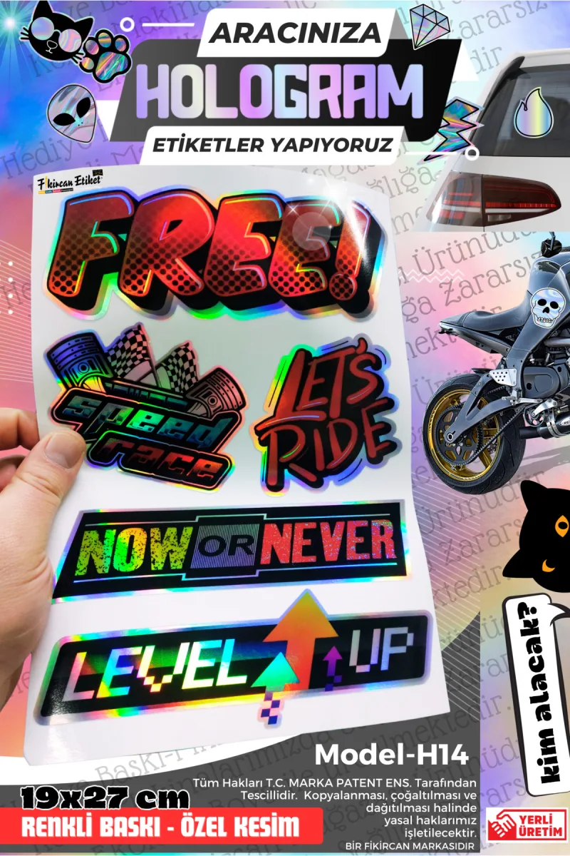 Fikircan-Hologram Etiket- Araba ve Motorsiklet Cam ve Kaporta Uyumlu Renkli Baskı Özel Kesim Sticker — fotoğraf 1