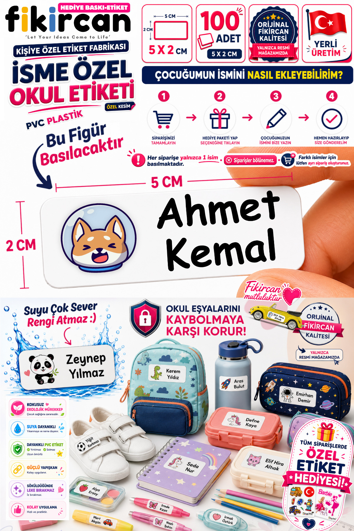 İsme Özel Okul Etiketi - 100 Adet - 5 x 2 cm - PVC Etiket - FİGÜR 114 — fotoğraf 1