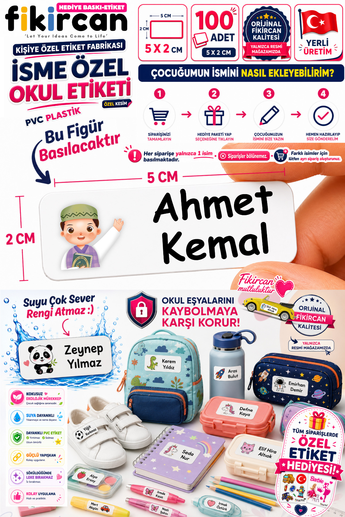 Isme Ozel Okul Etiketi - 100 Adet - 5 x 2 cm - PVC Etiket - FİGÜR 139