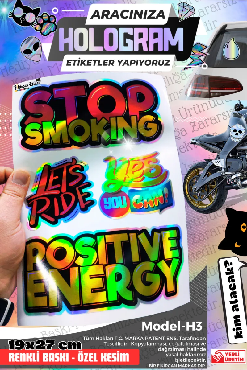 Fikircan-Hologram Etiket- Araba ve Motorsiklet Cam ve Kaporta Uyumlu Renkli Baskı Özel Kesim Sticker — fotoğraf 1