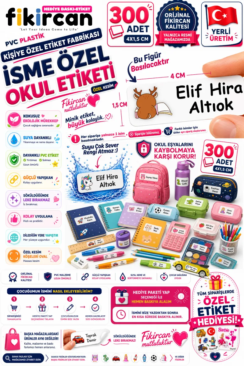 İsme Özel Okul Etiketi - 300 Adet - 1.5 x 4 cm - PVC Etiket - FİGÜR 91 — fotoğraf 1