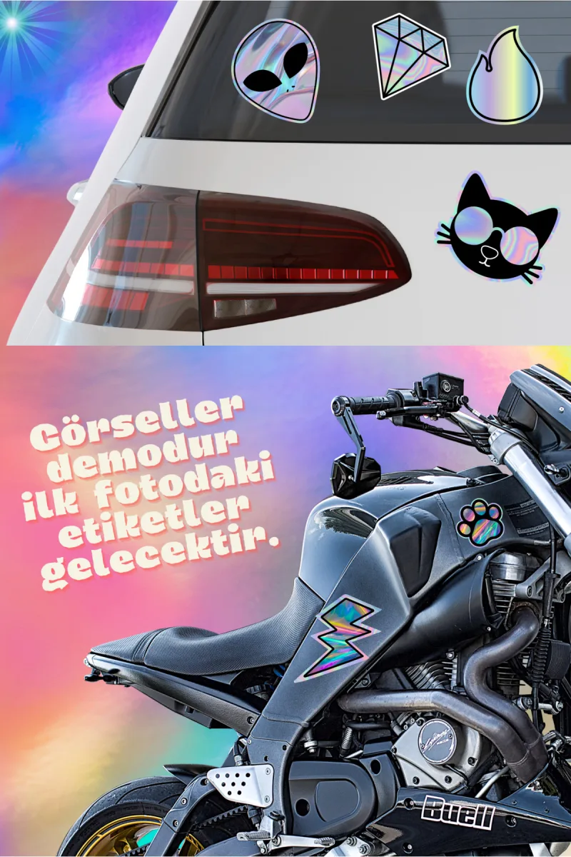 Fikircan-Hologram Etiket- Araba ve Motorsiklet Cam ve Kaporta Uyumlu Renkli Baskı Özel Kesim Sticker — fotoğraf 3