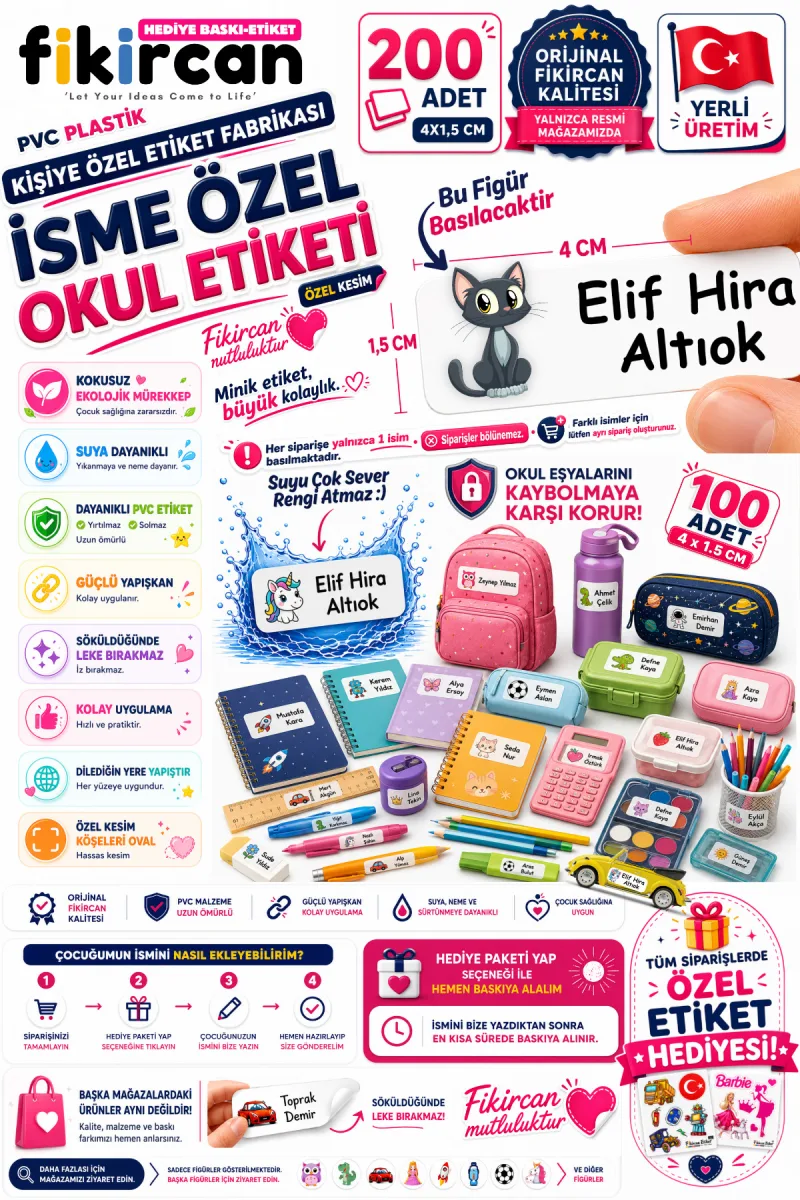 İsme Özel Okul Etiketi - 200 Adet - 1.5 x 4 cm - PVC Etiket - FİGÜR 84 — fotoğraf 1