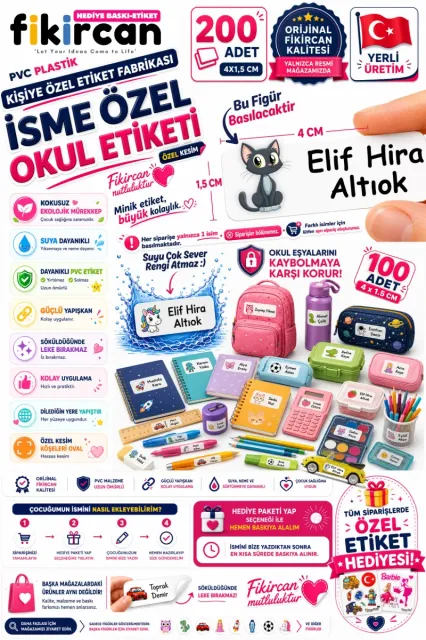 İsme Özel Okul Etiketi - 200 Adet - 1.5 x 4 cm - PVC Etiket - FİGÜR 84
