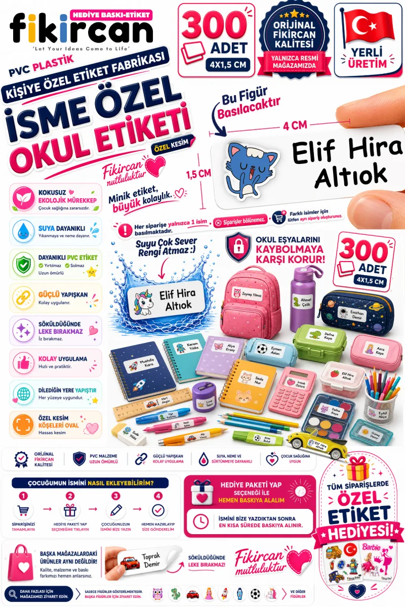 İsme Özel Okul Etiketi - 300 Adet - 1.5 x 4 cm - PVC Etiket - FİGÜR 39 — fotoğraf 1