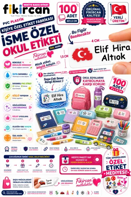 İsme Özel Okul Etiketi - 100 Adet - 1.5 x 4 cm - PVC Etiket - FİGÜR 133
