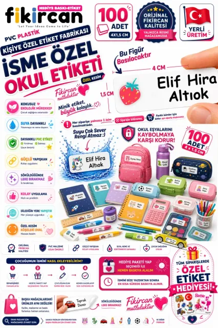 İsme Özel Okul Etiketi - 100 Adet - 1.5 x 4 cm - PVC Etiket - FİGÜR 31