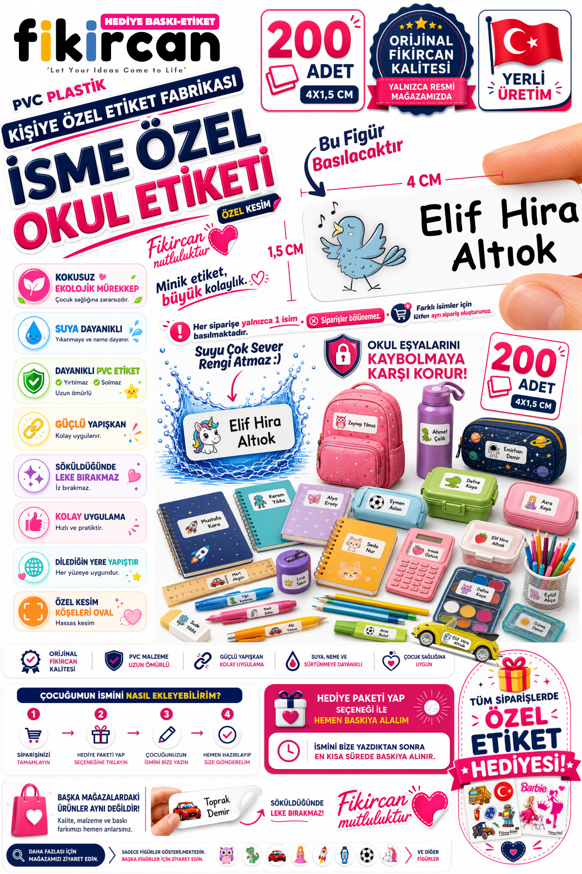 İsme Özel Okul Etiketi - 200 Adet - 1.5 x 4 cm - PVC Etiket - FİGÜR 53 1453260718247 — fotoğraf 1