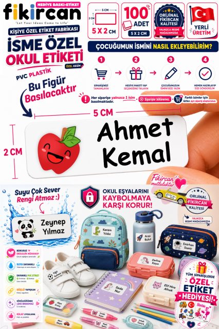 Isme Ozel Okul Etiketi - 100 Adet - 5 x 2 cm - PVC Etiket - FİGÜR 115