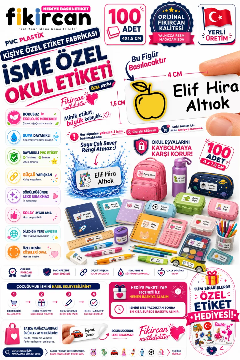 İsme Özel Okul Etiketi - 100 Adet - 1.5 x 4 cm - PVC Etiket - FİGÜR 109 — fotoğraf 1