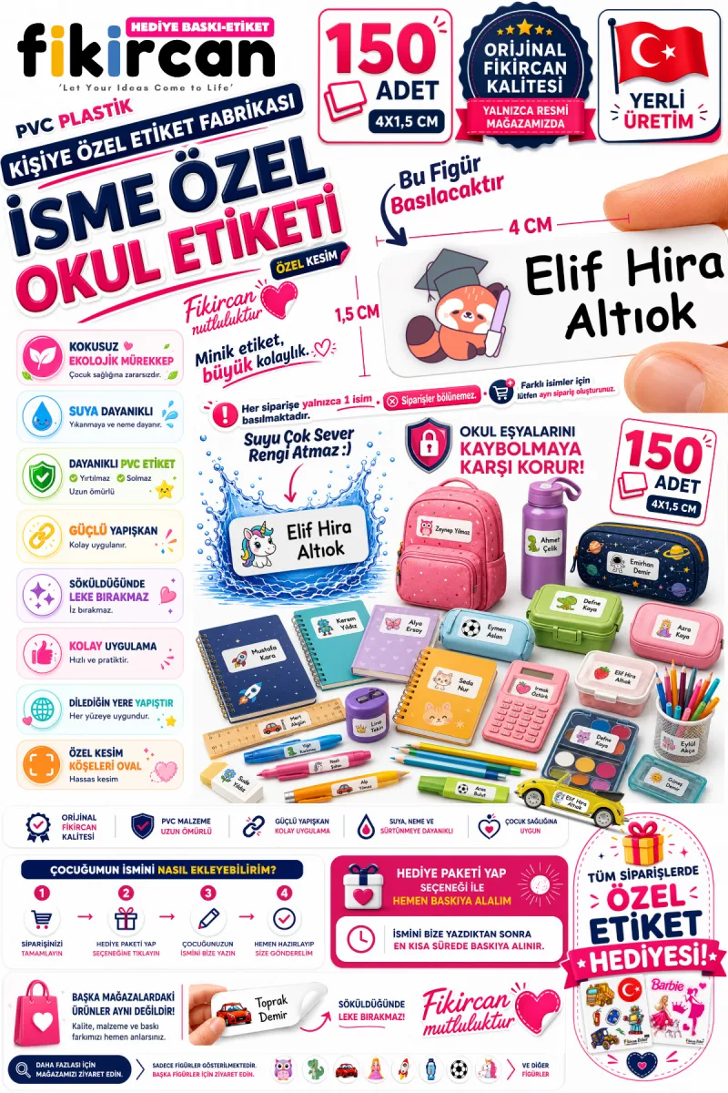 İsme Özel Okul Etiketi - 150 Adet - 1.5 x 4 cm - PVC Etiket - FİGÜR 60 — fotoğraf 1