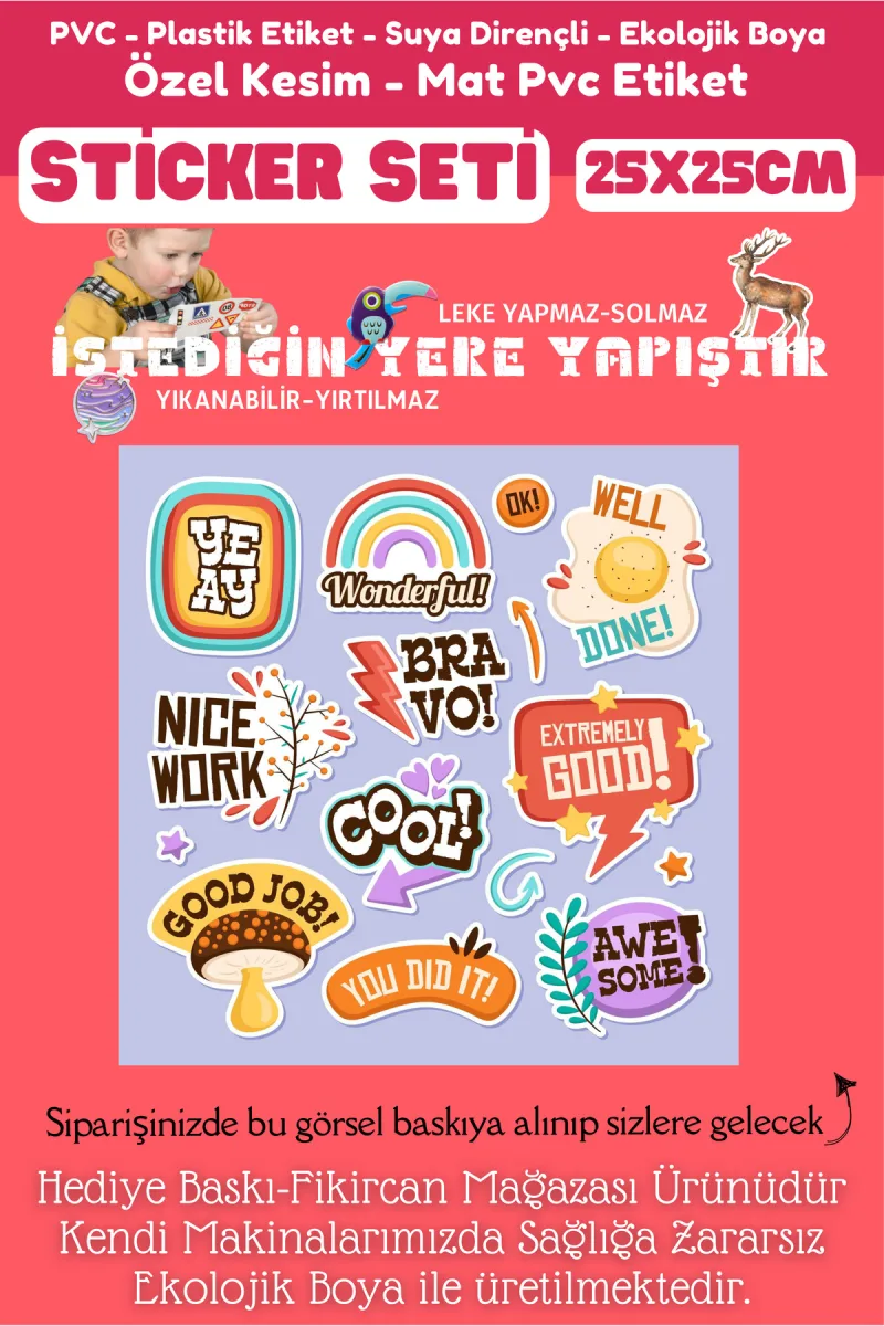 Fikircan Etiket Seti 25x25cm Pvc Sticker -Defter-Laptop-Tablet-Telefon-Dolap-Cam vb Her yere Yapışır — fotoğraf 2