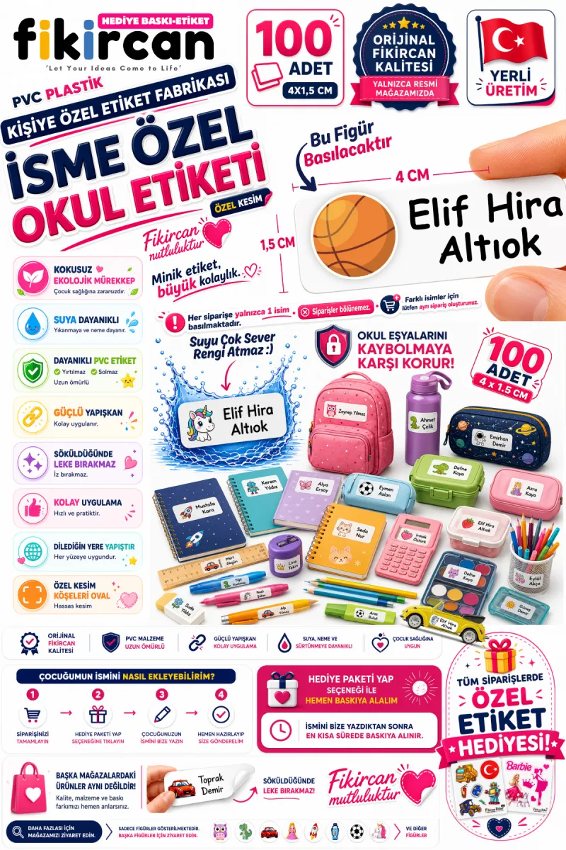 İsme Özel Okul Etiketi - 100 Adet - 1.5 x 4 cm - PVC Etiket - FİGÜR 87 — fotoğraf 1