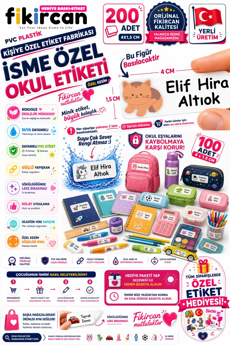 İsme Özel Okul Etiketi - 200 Adet - 1,5 x 4 cm - PVC Etiket - - FİGÜR 37 — fotoğraf 1