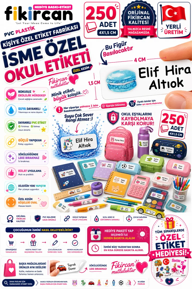 İsme Özel Okul Etiketi - 250 Adet - 1.5 x 4 cm - PVC Etiket - FİGÜR 41 — fotoğraf 1