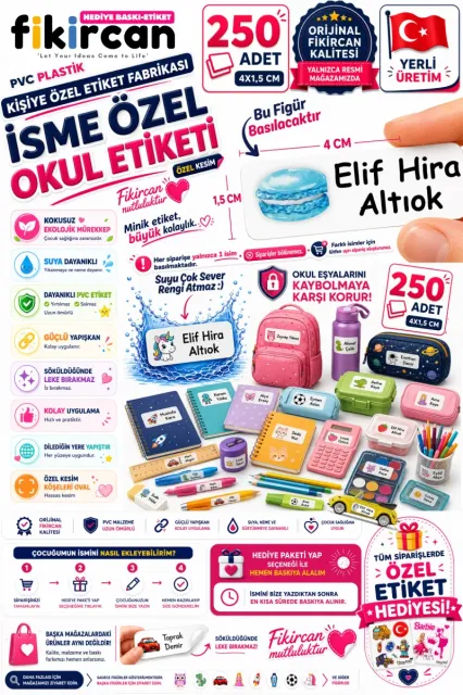 İsme Özel Okul Etiketi - 250 Adet - 1.5 x 4 cm - PVC Etiket - FİGÜR 41