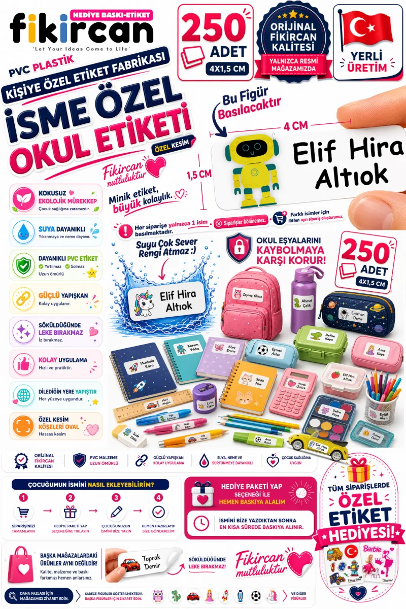 İsme Özel Okul Etiketi - 250 Adet - 1.5 x 4 cm - PVC Etiket - FİGÜR 74 — fotoğraf 1