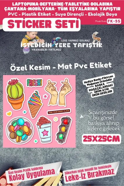Fikircan Etiket Seti 25x25cm Pvc Sticker -Defter-Laptop-Tablet-Telefon-Dolap-Cam vb Her yere Yapışır