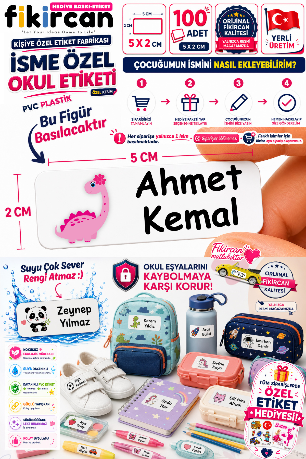 Isme Ozel Okul Etiketi - 100 Adet - 5 x 2 cm - PVC Etiket - FİGÜR 71 — fotoğraf 1