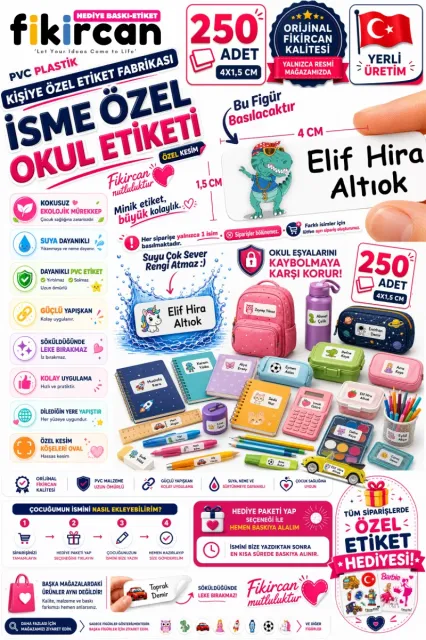 İsme Özel Okul Etiketi - 250 Adet - 1.5 x 4 cm - PVC Etiket - FİGÜR 72