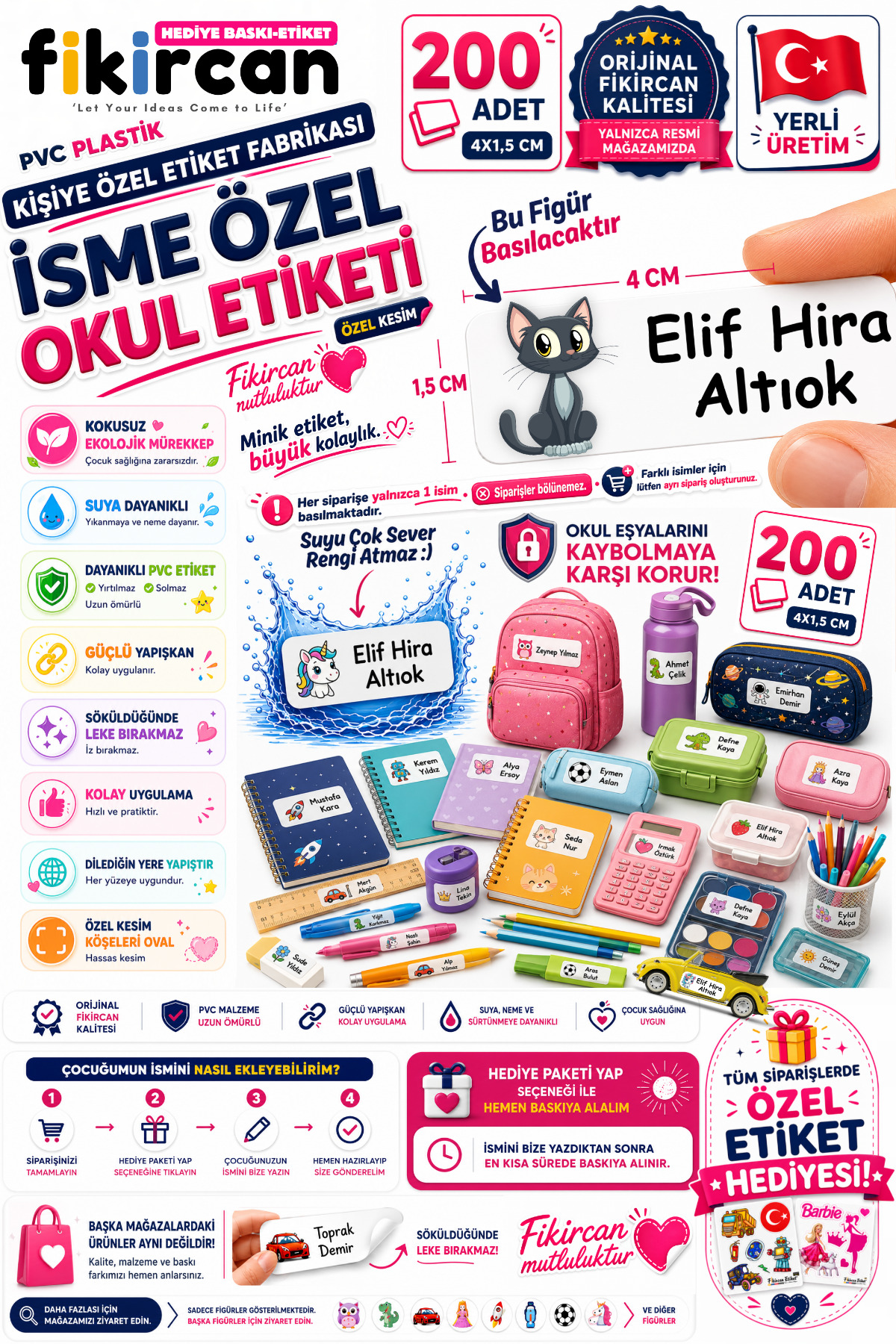İsme Özel Okul Etiketi - 200 Adet - 1.5 x 4 cm - PVC Etiket - FİGÜR 84 1453260718230 — fotoğraf 1