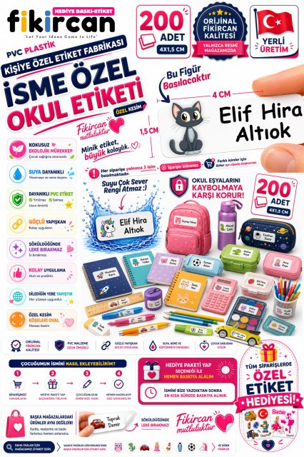 İsme Özel Okul Etiketi - 200 Adet - 1.5 x 4 cm - PVC Etiket - FİGÜR 84 1453260718230