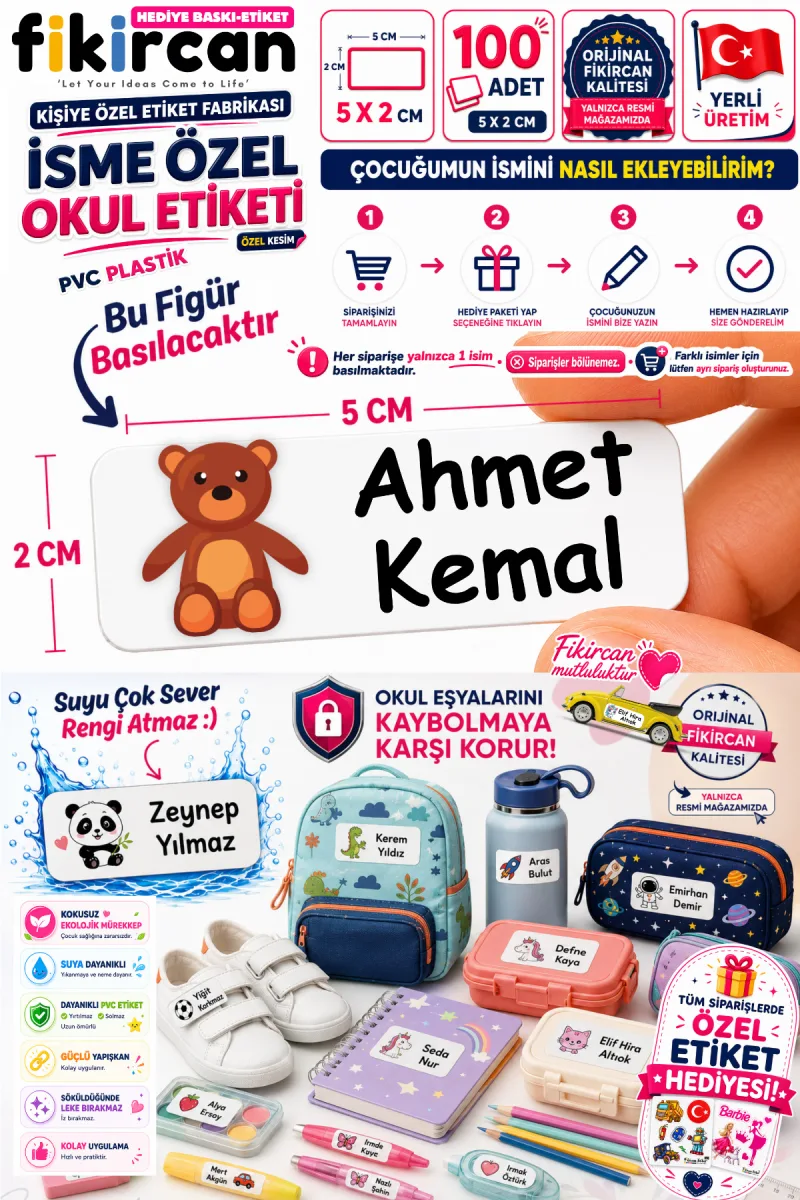 İsme Özel Okul Etiketi - 100 Adet - 5 x 2 cm - PVC Etiket - FİGÜR 29 — fotoğraf 1