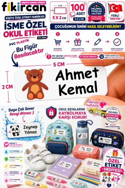 İsme Özel Okul Etiketi - 100 Adet - 5 x 2 cm - PVC Etiket - FİGÜR 29