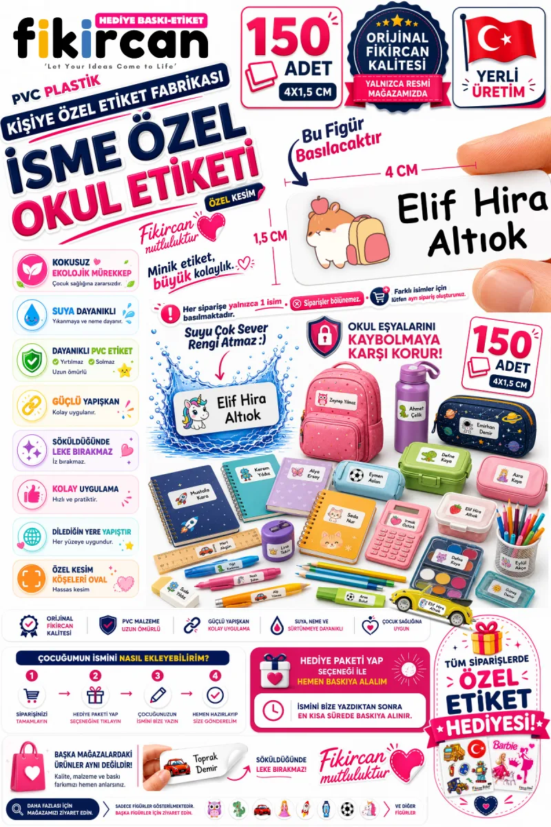 İsme Özel Okul Etiketi - 150 Adet - 1.5 x 4 cm - PVC Etiket - FİGÜR 59 — fotoğraf 1