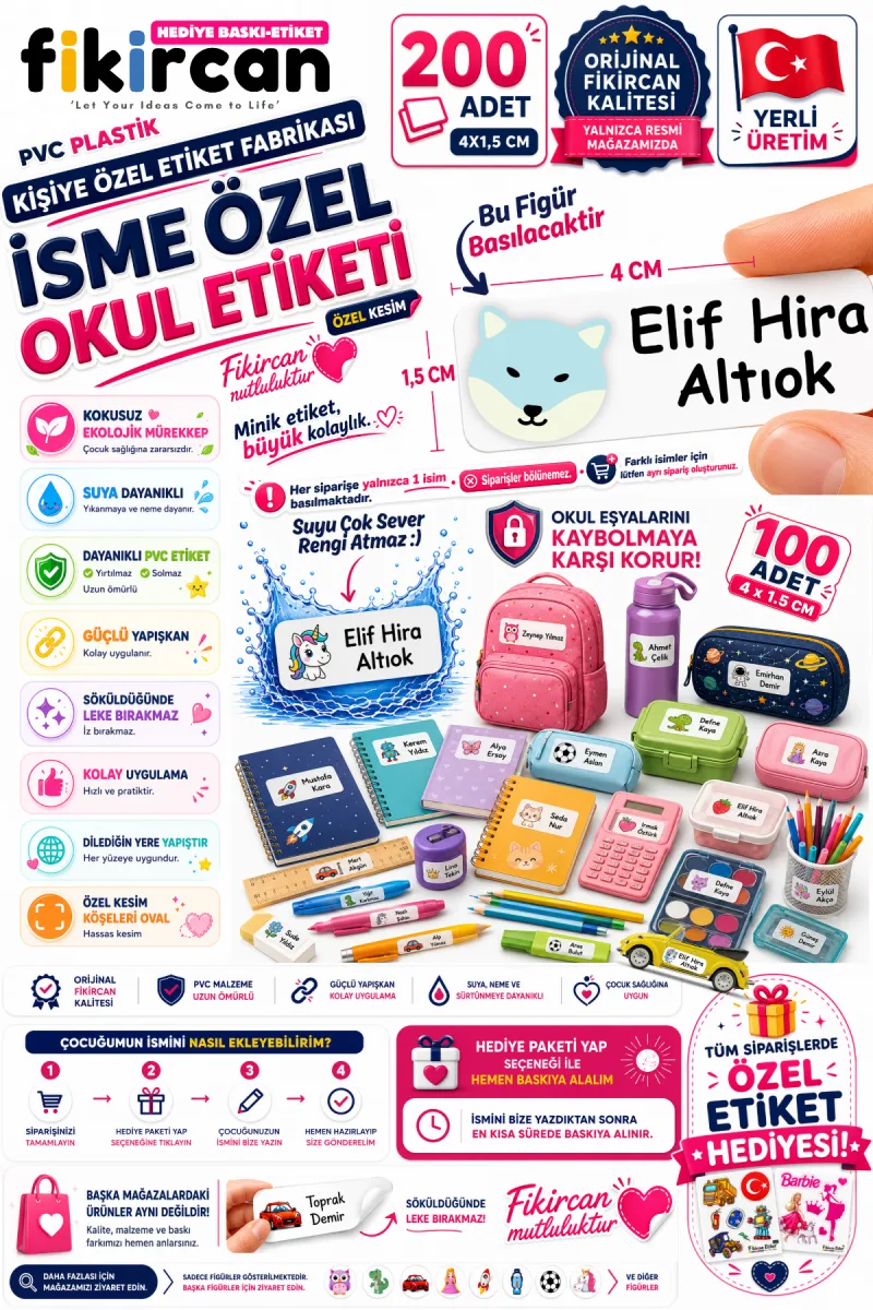 İsme Özel Okul Etiketi - 200 Adet - 1,5 x 4 cm - PVC Etiket - - FİGÜR 38 — fotoğraf 1