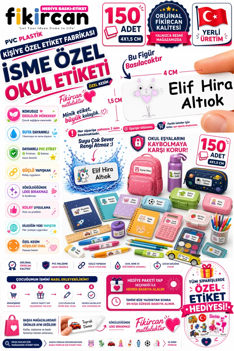 İsme Özel Okul Etiketi - 150 Adet - 1.5 x 4 cm - PVC Etiket - FİGÜR 89 — fotoğraf 1