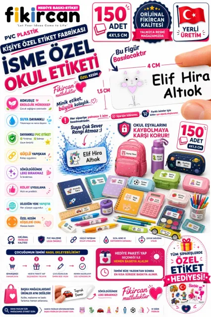 İsme Özel Okul Etiketi - 150 Adet - 1.5 x 4 cm - PVC Etiket - FİGÜR 89