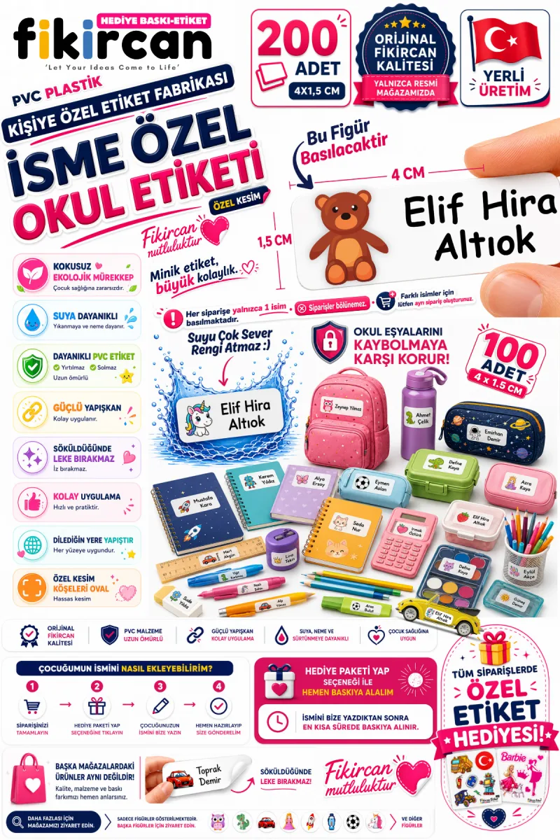 İsme Özel Okul Etiketi - 200 Adet - 1,5 x 4 cm - PVC Etiket - - FİGÜR 29 — fotoğraf 1