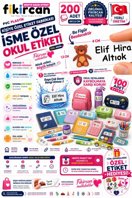 İsme Özel Okul Etiketi - 200 Adet - 1,5 x 4 cm - PVC Etiket - - FİGÜR 29
