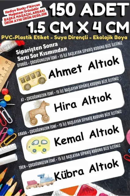 -isme Özel Okul Etiket Seti Sevimli Oyuncaklar - 150 Adet - Ekolojik Mürekkep Pvc Etiket