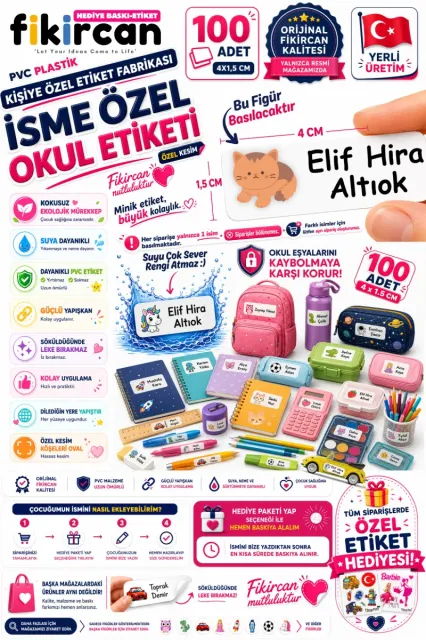 İsme Özel Okul Etiketi - 100 Adet - 1.5 x 4 cm - PVC Etiket - FİGÜR 37