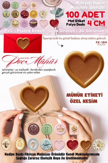MÜHÜR ETİKETİ 100 Adet Kokusuz Ekolojik Mürekkep PVC ETİKET 4 CM MUM VE DÖKÜM ALTERNATİF