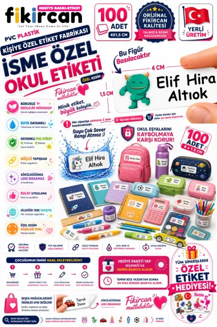 İsme Özel Okul Etiketi - 100 Adet - 1.5 x 4 cm - PVC Etiket - FİGÜR 19