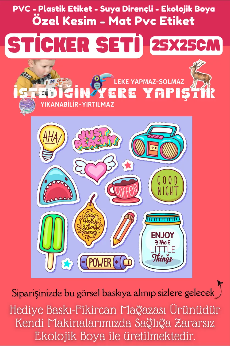 Fikircan Etiket Seti 25x25cm Pvc Sticker -Defter-Laptop-Tablet-Telefon-Dolap-Cam vb Her yere Yapışır — fotoğraf 2