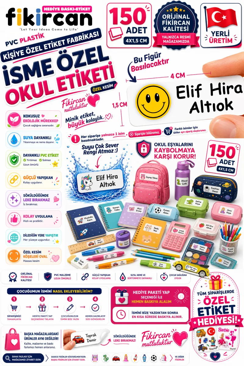 İsme Özel Okul Etiketi - 150 Adet - 1.5 x 4 cm - PVC Etiket - FİGÜR 30 — fotoğraf 1