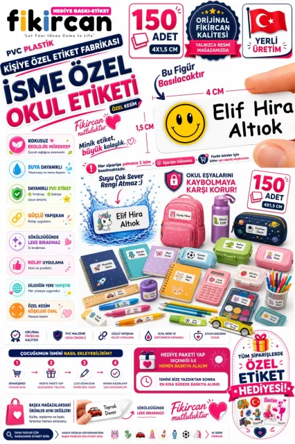 İsme Özel Okul Etiketi - 150 Adet - 1.5 x 4 cm - PVC Etiket - FİGÜR 30