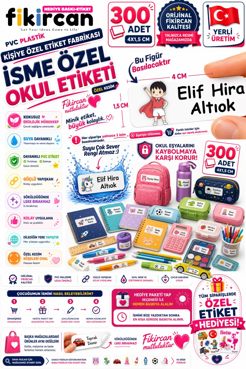 İsme Özel Okul Etiketi - 300 Adet - 1.5 x 4 cm - PVC Etiket - FİGÜR 106 — fotoğraf 1