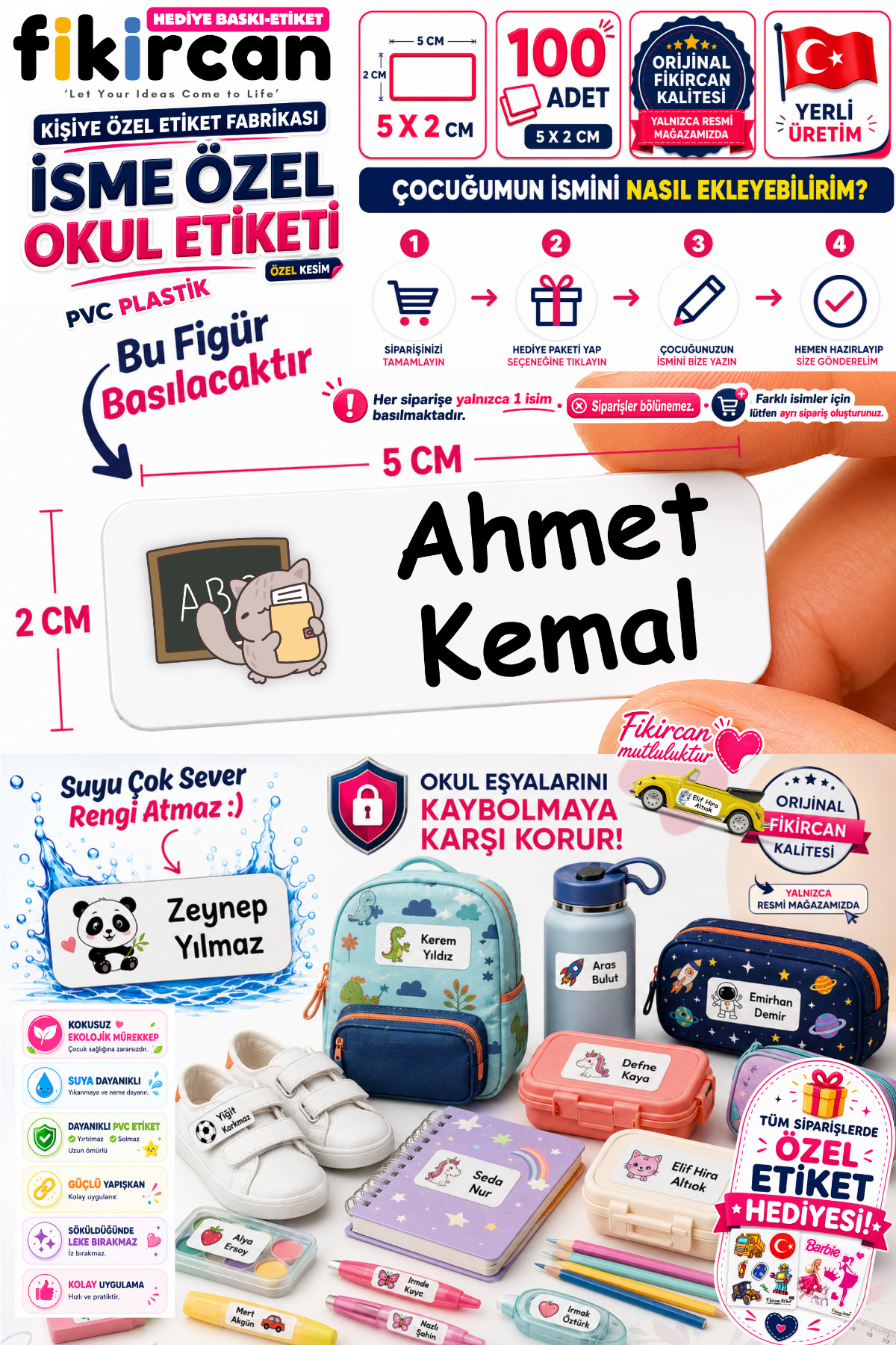 Isme Ozel Okul Etiketi - 100 Adet - 5 x 2 cm - PVC Etiket - FİGÜR 55 — fotoğraf 1