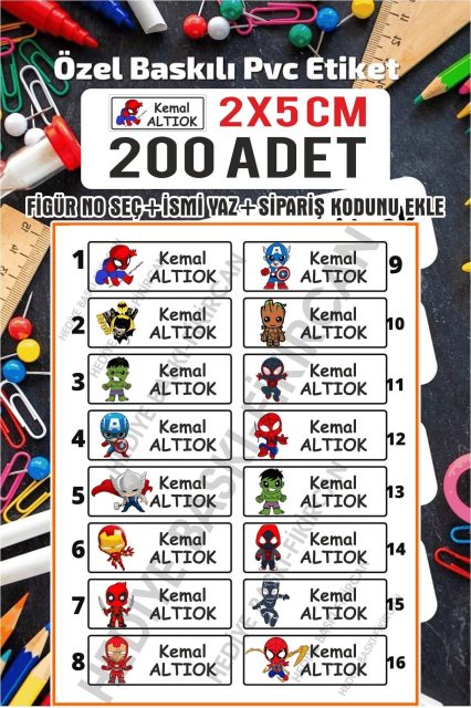 - Isme Özel Okul Etiket Seti - 200 Adet -2x5 Cm Kokusuz Ekolojik Mürekkep Pvc Etiket