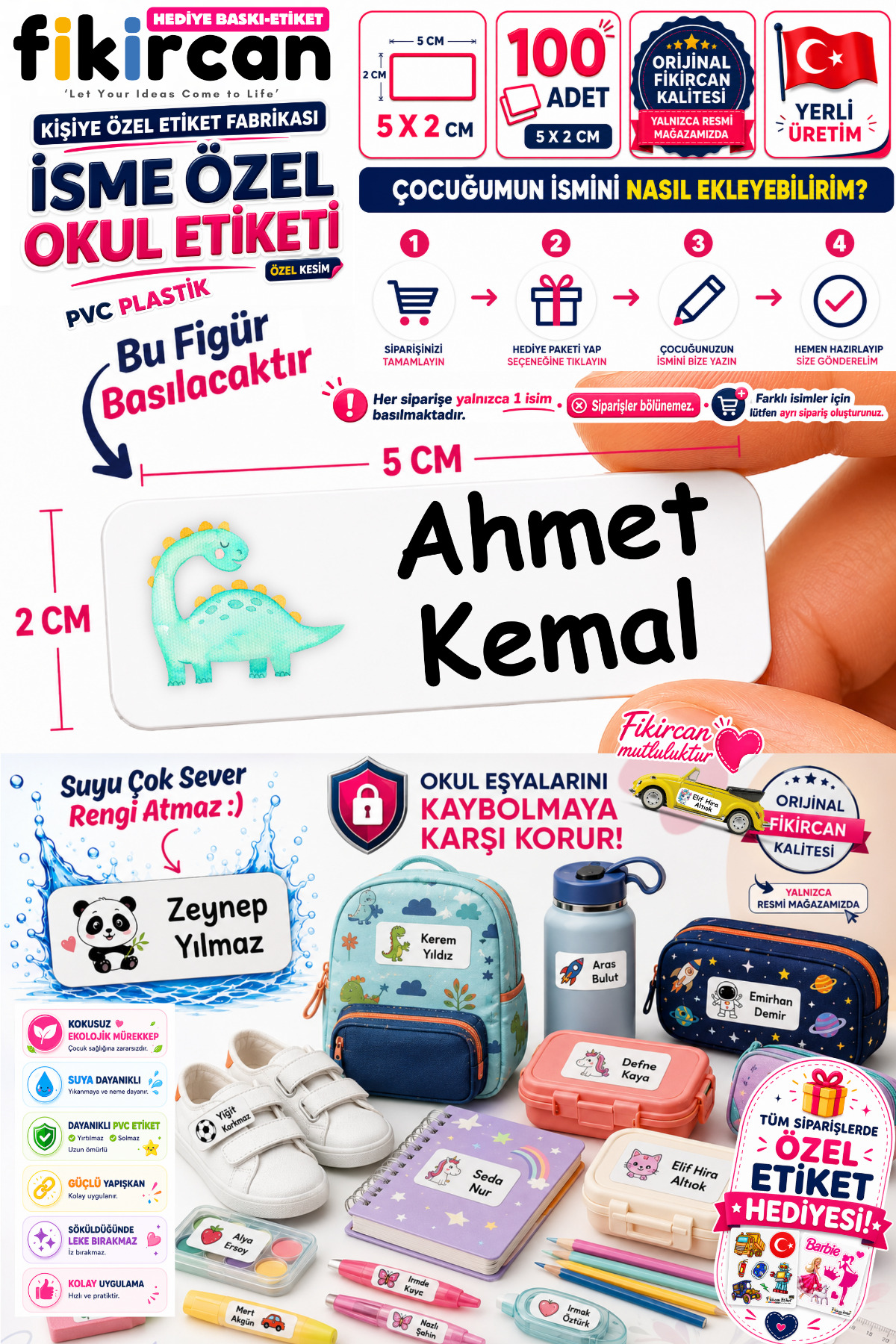 İsme Özel Okul Etiketi - 100 Adet - 5 x 2cm - PVC Etiket - FİGÜR 40