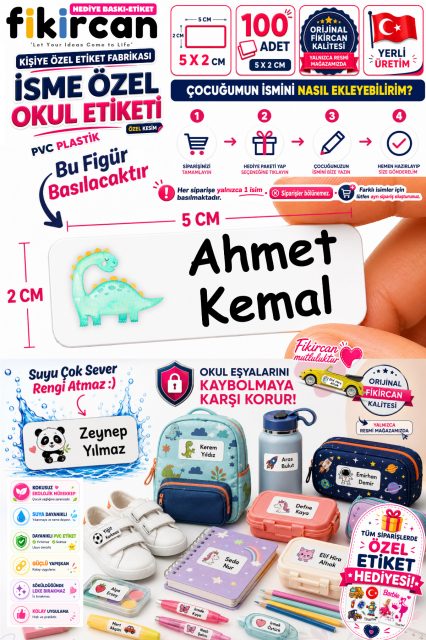 İsme Özel Okul Etiketi - 100 Adet - 5 x 2cm - PVC Etiket - FİGÜR 40