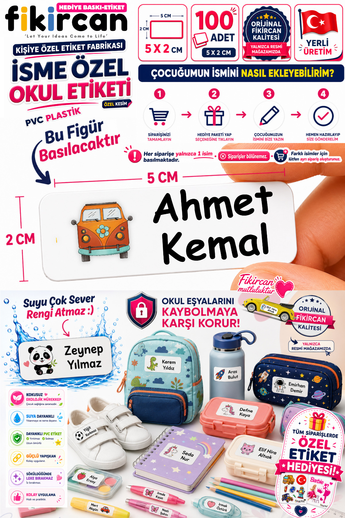 İsme Özel Okul Etiketi - 100 Adet - 5 x 2 cm - PVC Etiket - FİGÜR 78 — fotoğraf 1