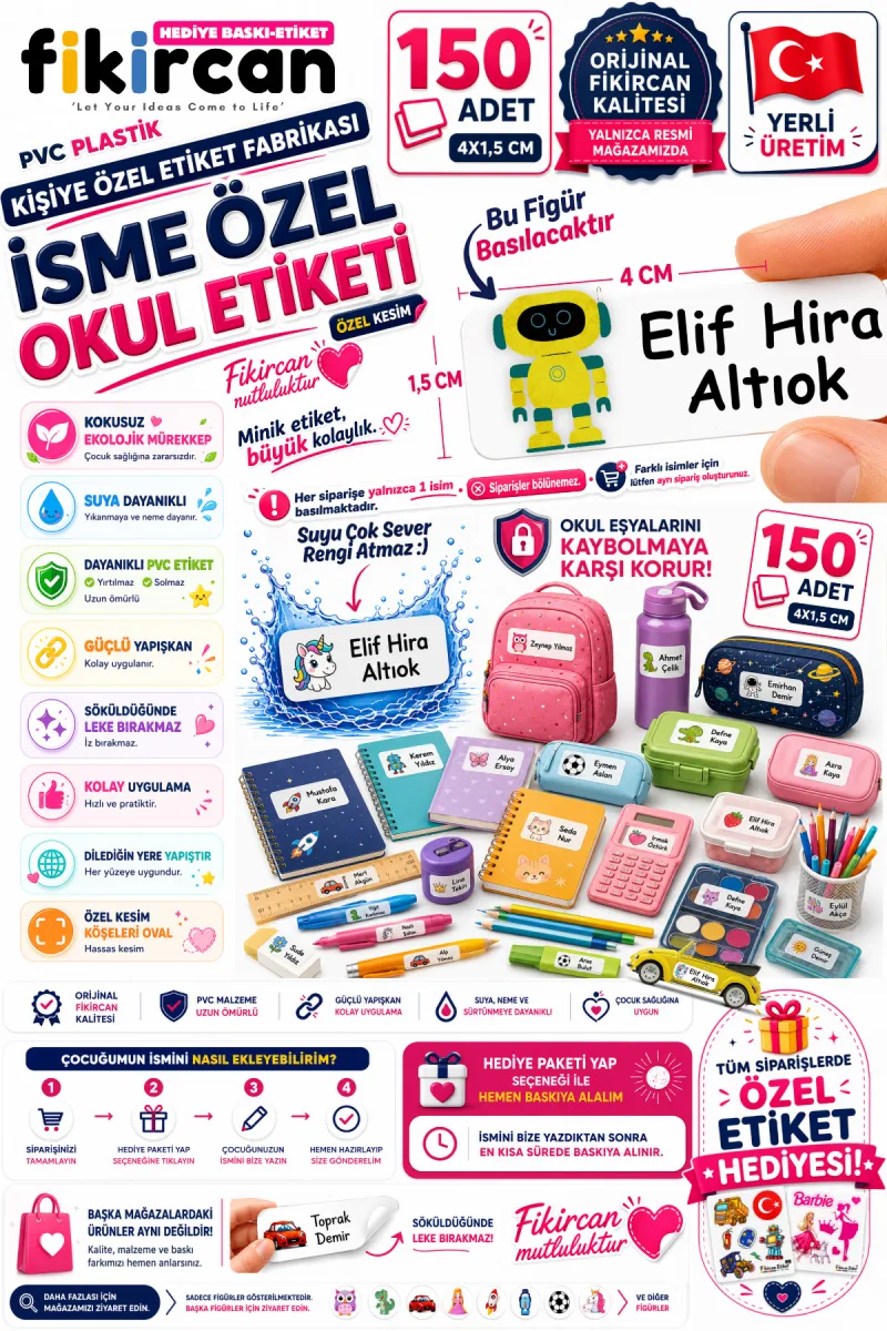 İsme Özel Okul Etiketi - 150 Adet - 1.5 x 4 cm - PVC Etiket - FİGÜR 74 — fotoğraf 1