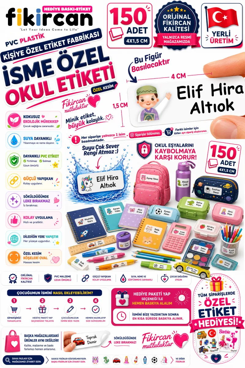 İsme Özel Okul Etiketi - 150 Adet - 1.5 x 4 cm - PVC Etiket - FİGÜR 139 — fotoğraf 1