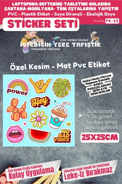 Fikircan Etiket Seti 25x25cm Pvc Sticker -Defter-Laptop-Tablet-Telefon-Dolap-Cam vb Her yere Yapışır
